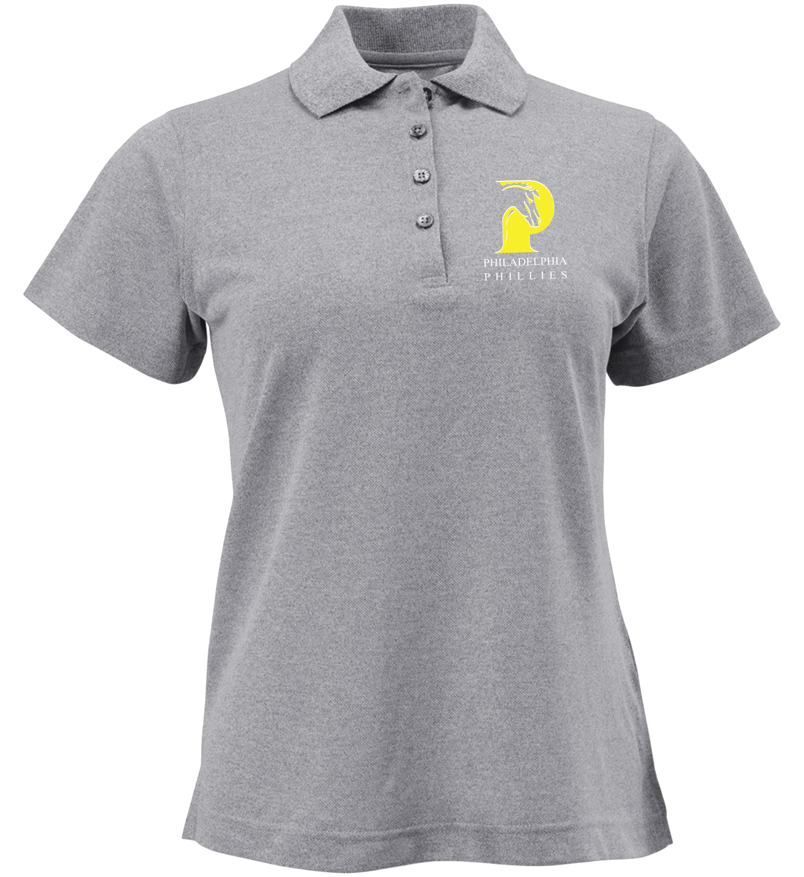 Heather Grey Ladies’ polo embroidered with school logo and school name. 