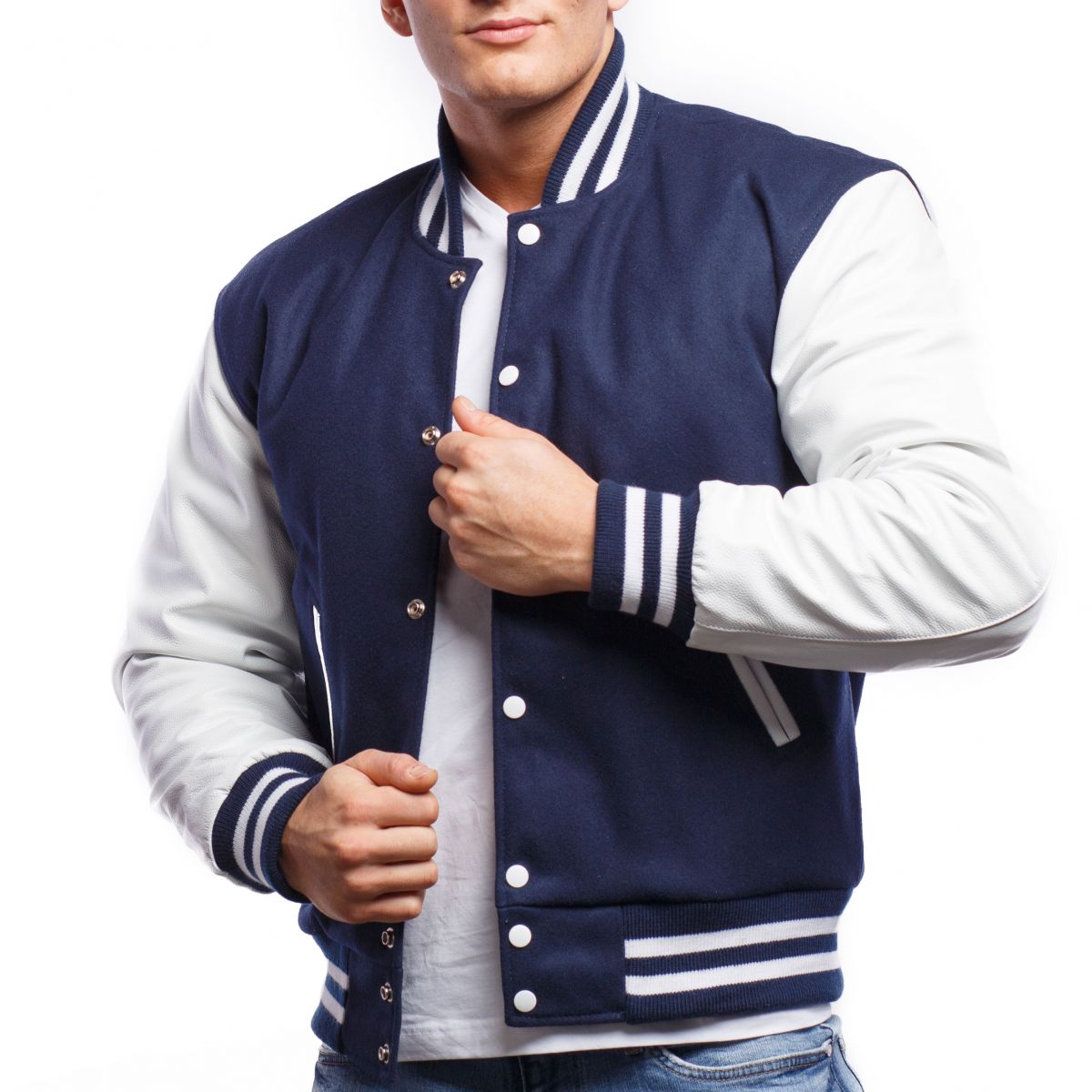 A person wearing a Royal Blue Wool Body & Bright White Leather Sleeves Letterman Jacket.