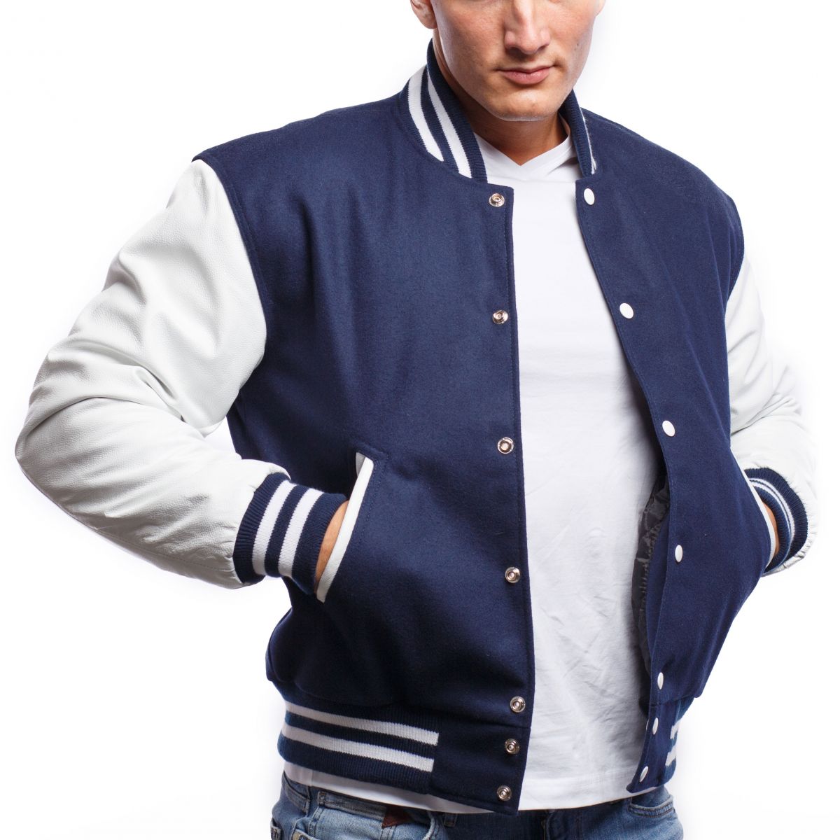 A person wearing a Royal Blue Wool Body & Bright White Leather Sleeves Letterman Jacket.