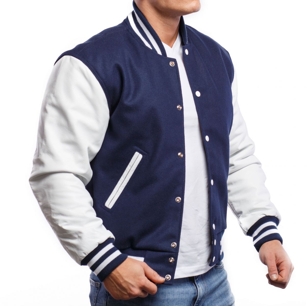 A person wearing a Royal Blue Wool Body & Bright White Leather Sleeves Letterman Jacket.